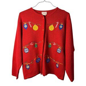 VTG Crystal Kobe Christmas Ugly Cardigan Sweater Large Holiday Ornaments Womens